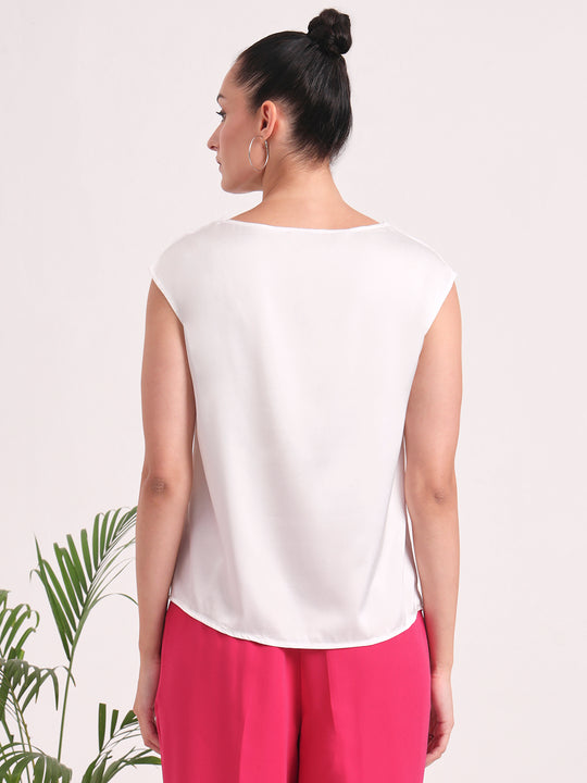 European Satin Solid Crew Neck Top