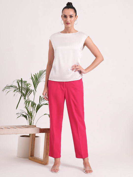 European Satin Solid Crew Neck Top