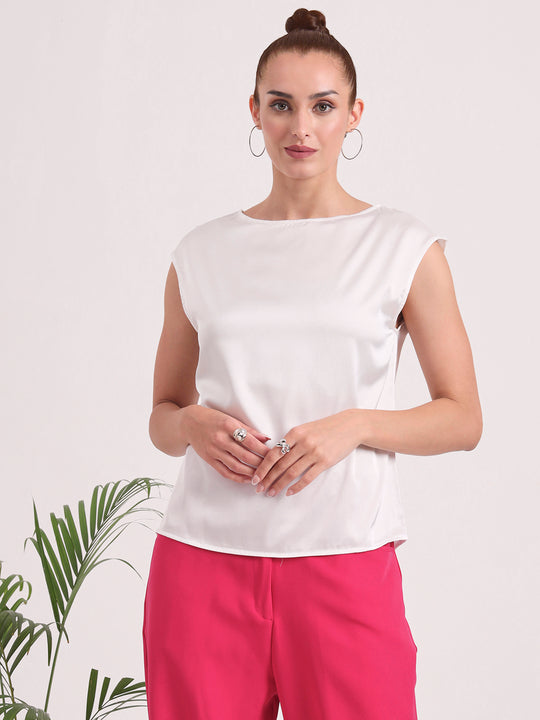 European Satin Solid Crew Neck Top