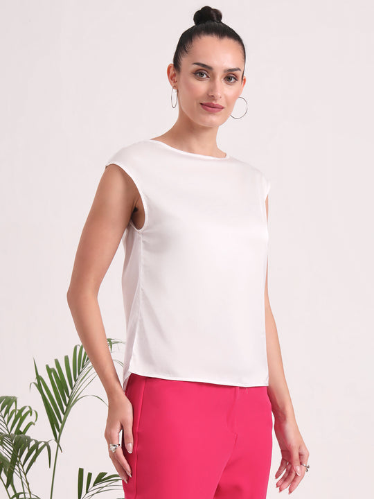 European Satin Solid Crew Neck Top