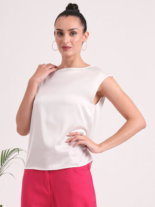European Satin Solid Crew Neck Top