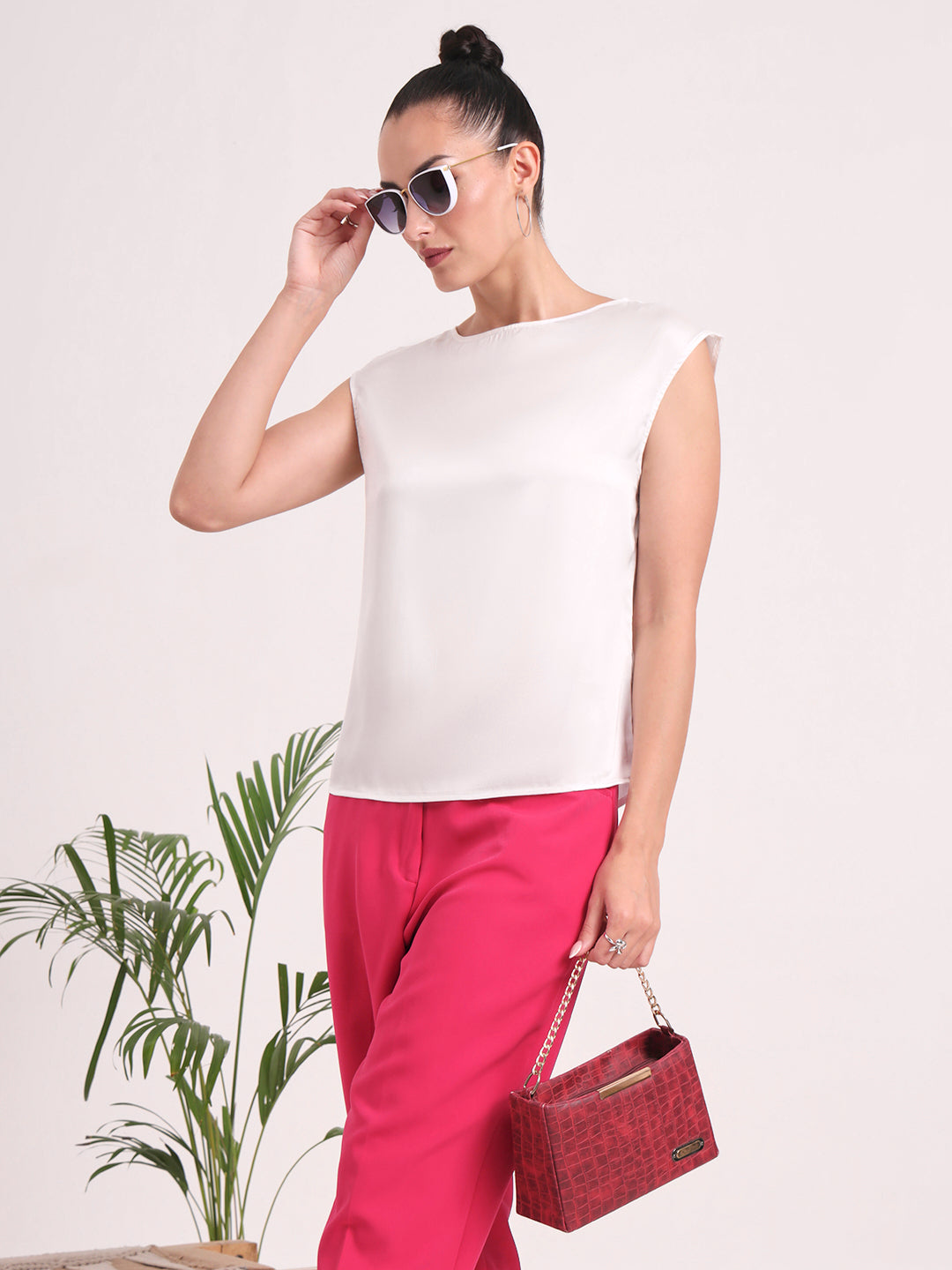 European Satin Solid Crew Neck Top