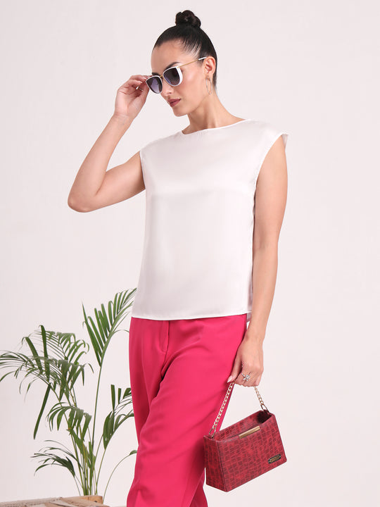 European Satin Solid Crew Neck Top