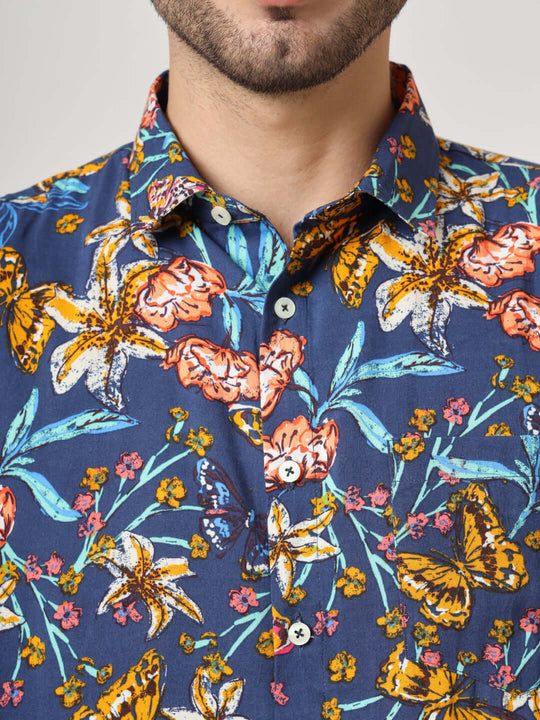 Navy Jungle Print Premium Rayon Shirt