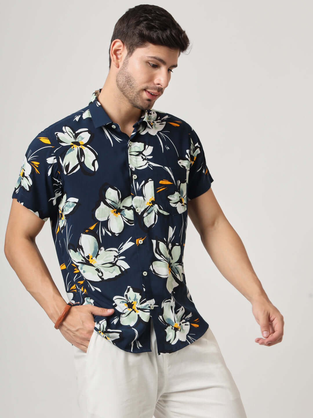 Navy, White And Green Floral Print Premium Rayon Shirt