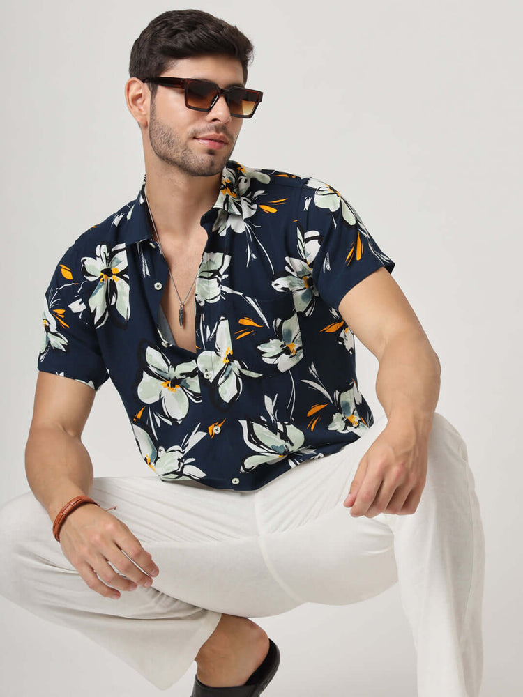 Navy, White And Green Floral Print Premium Rayon Shirt