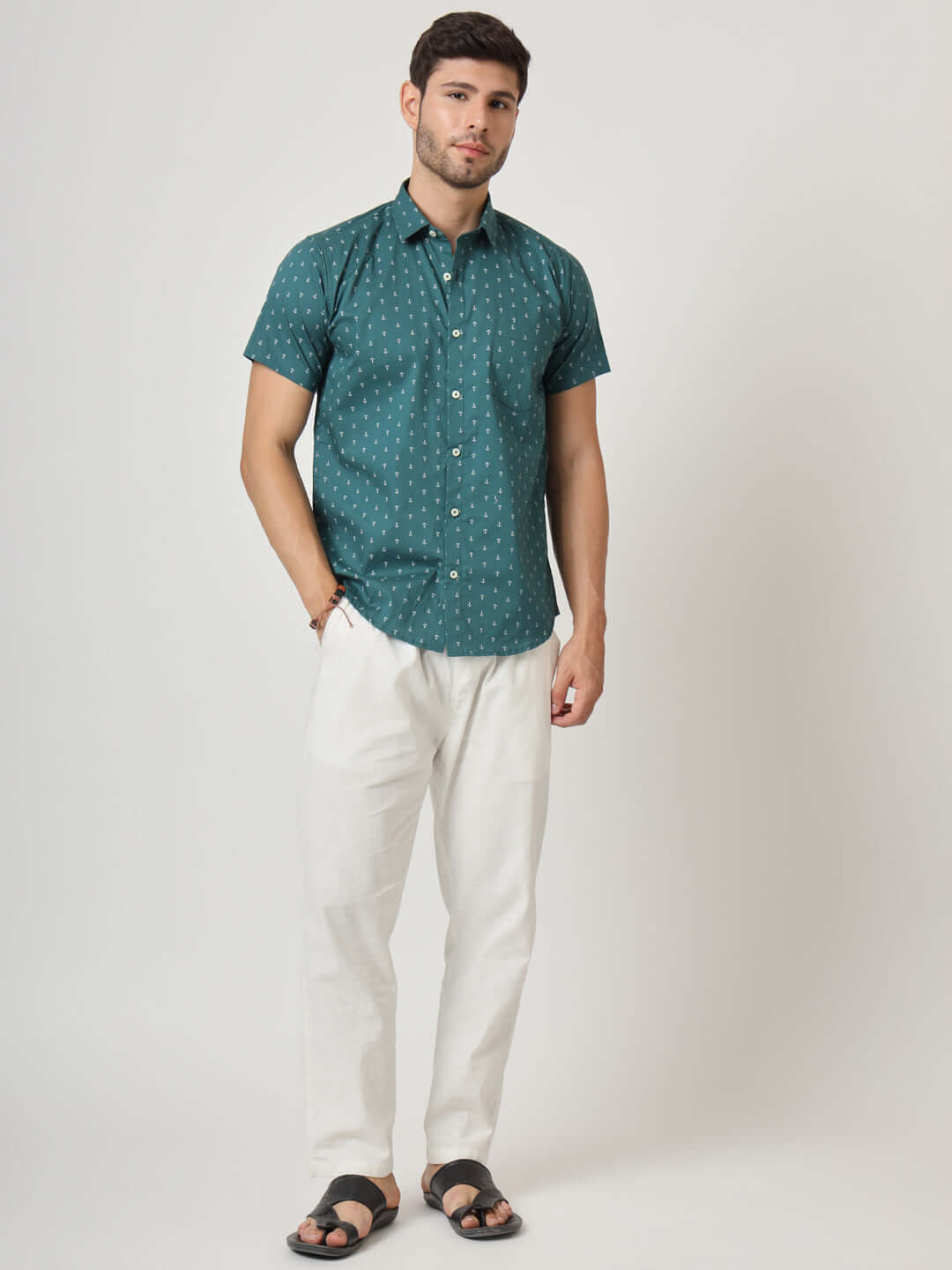 Green Anchor Print Premium Cotton Shirt