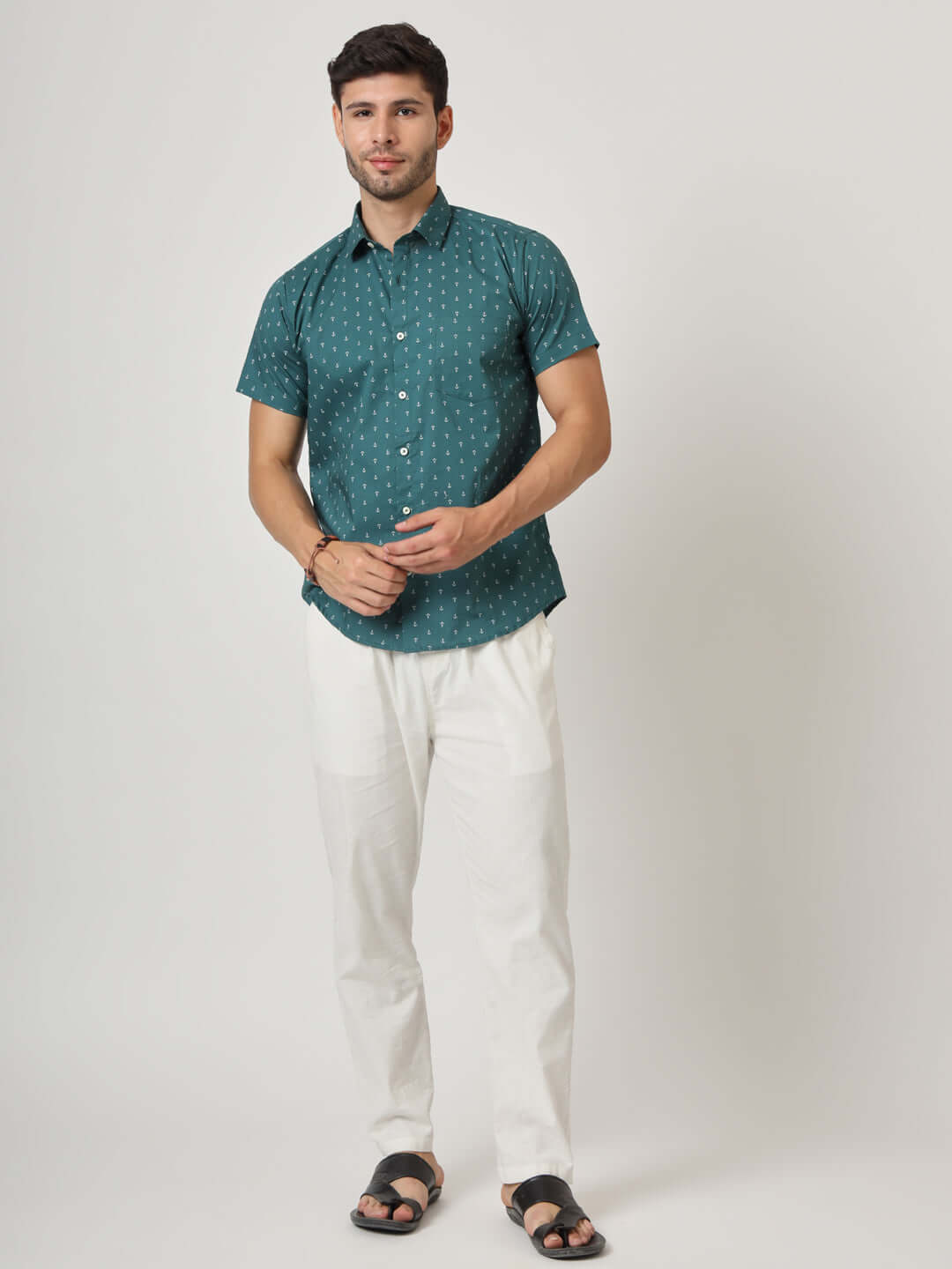 Green Anchor Print Premium Cotton Shirt