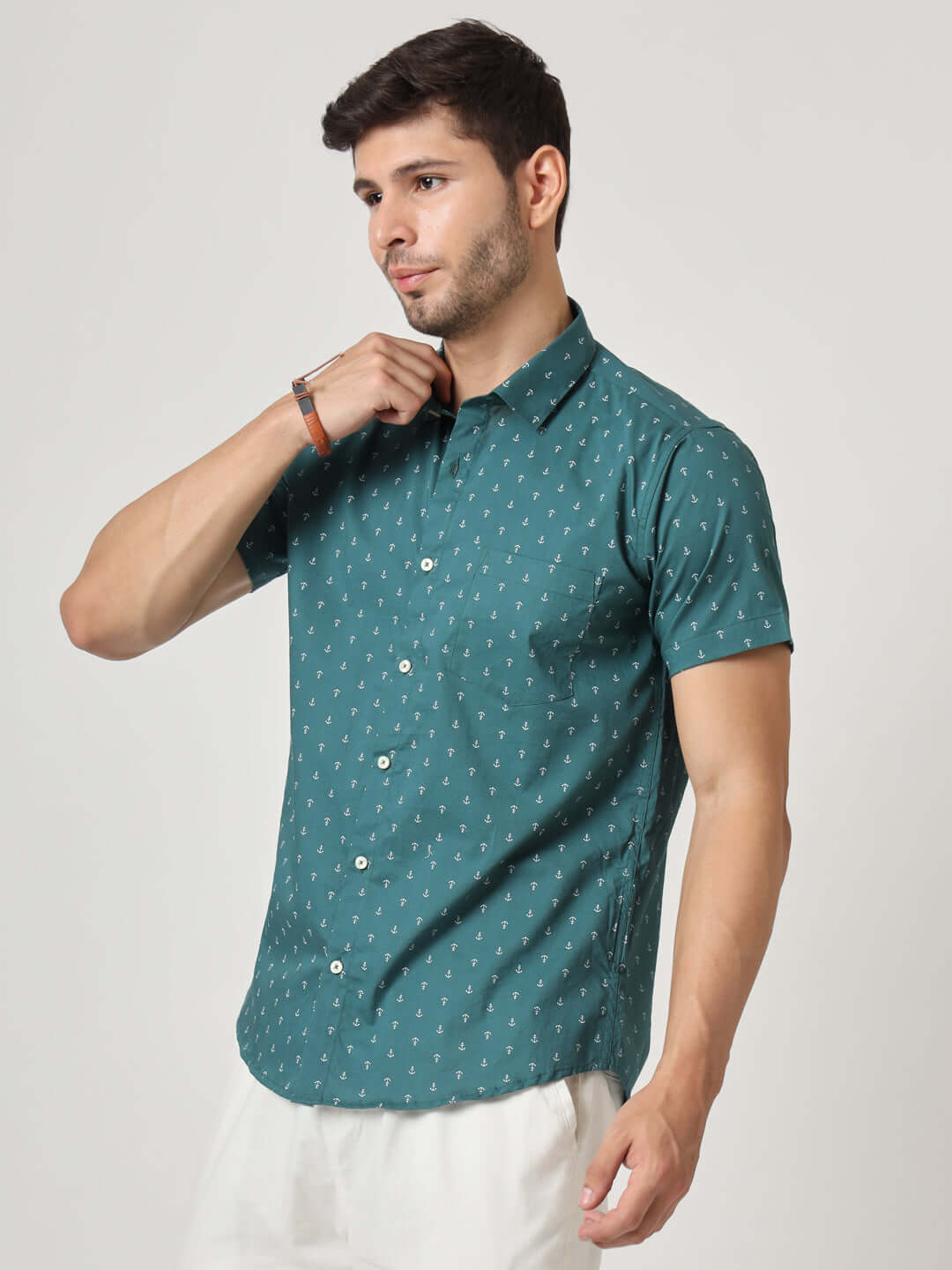 Green Anchor Print Premium Cotton Shirt