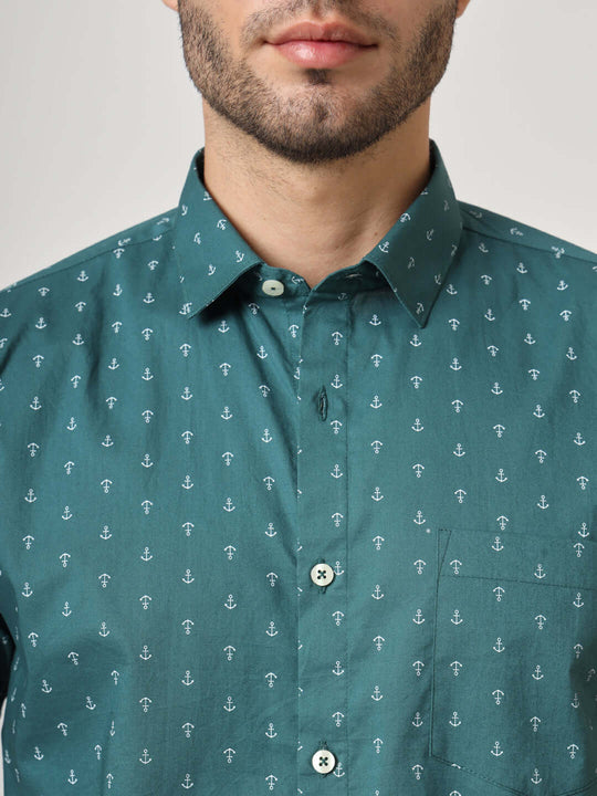 Green Anchor Print Premium Cotton Shirt