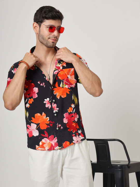 Black Floral Print Premium Rayon Shirt