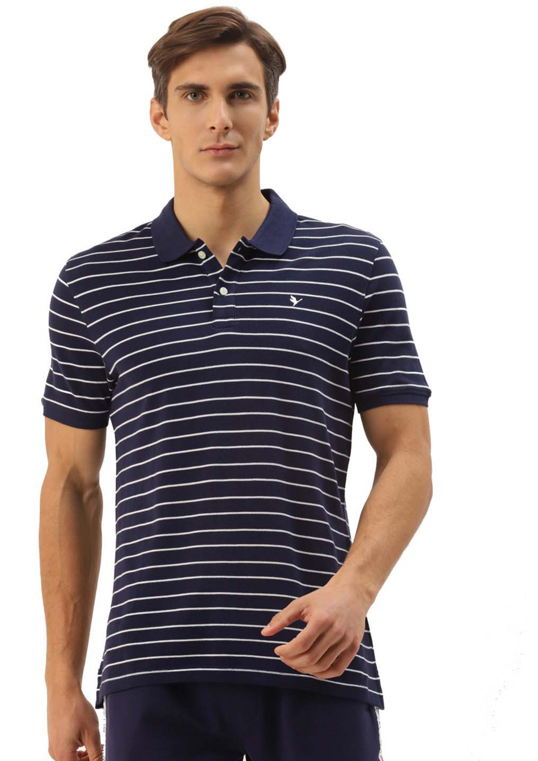 Premium Navy Cotton Striped Half Sleeve Polo
