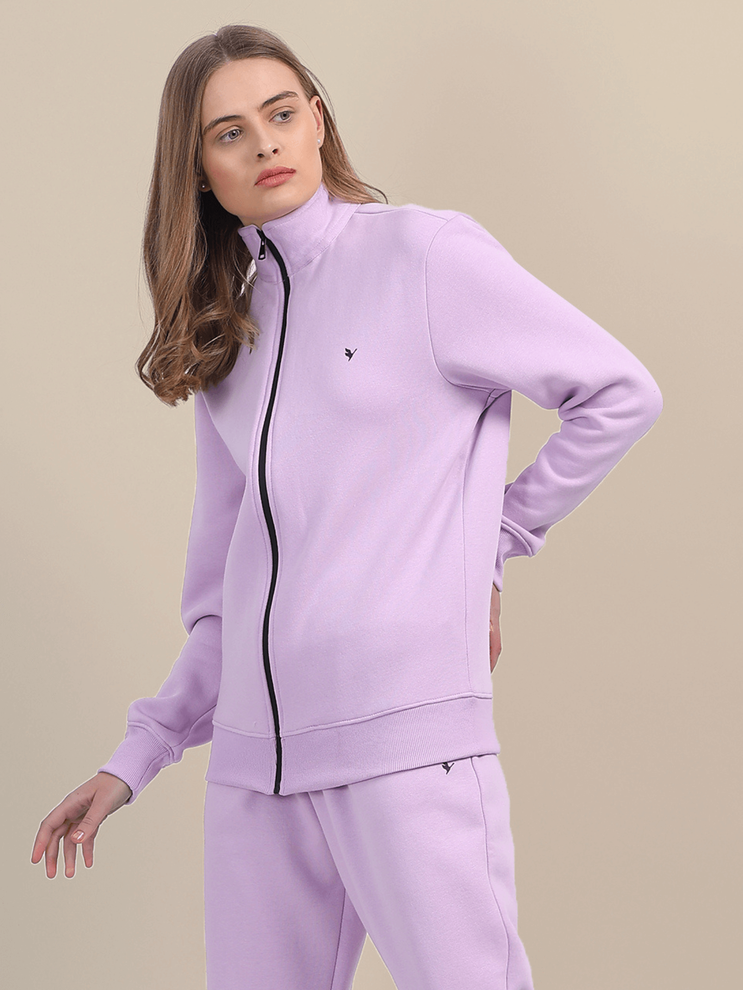 Amswan Premium Cotton Women'S Lilac Zip-Up Sweatshirt