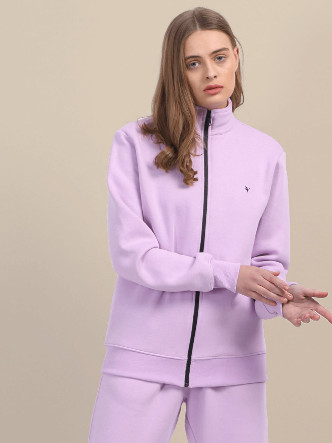 Amswan Premium Cotton Women'S Lilac Zip-Up Sweatshirt