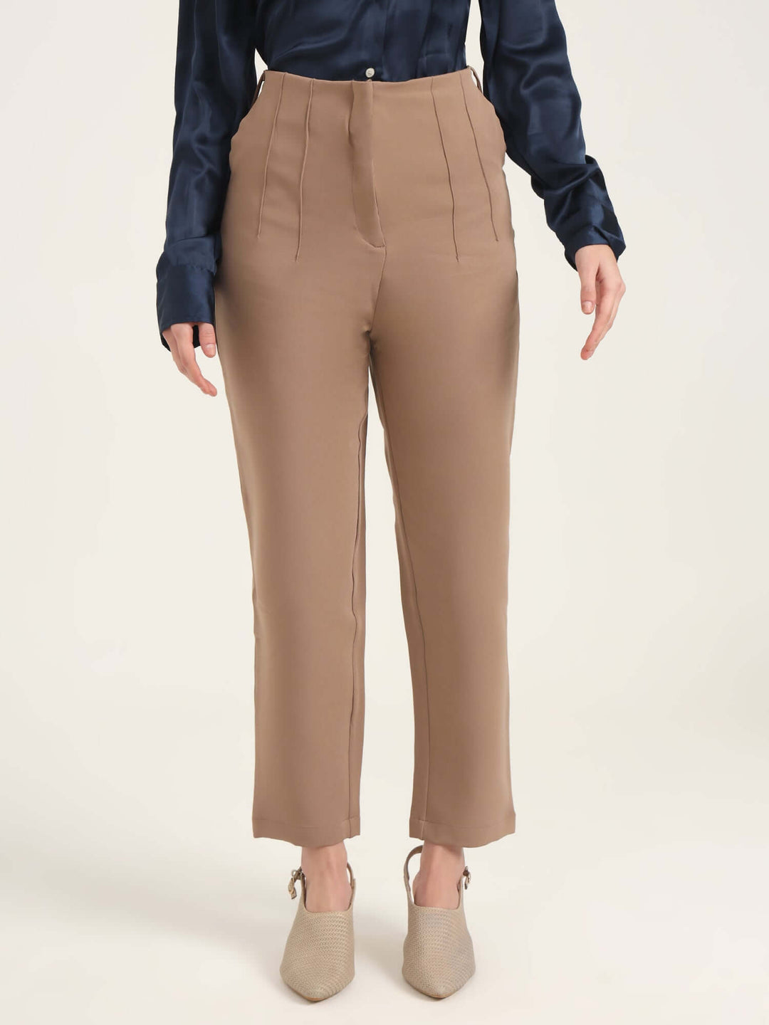 Women'S Luxury Banana Crepe Dark Beige Skin Fit With Multi Pleated Trouser
