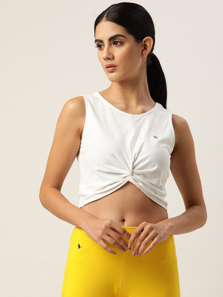 Womens Premium White Cotton Lycra Smart Fit Sleeveless Knotted Top