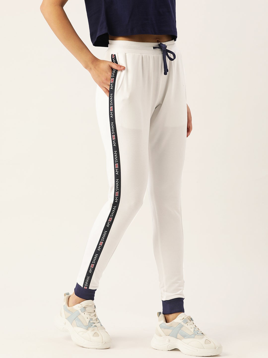 Womens White Cotton Lycra Smart Fit Solid Track Pants