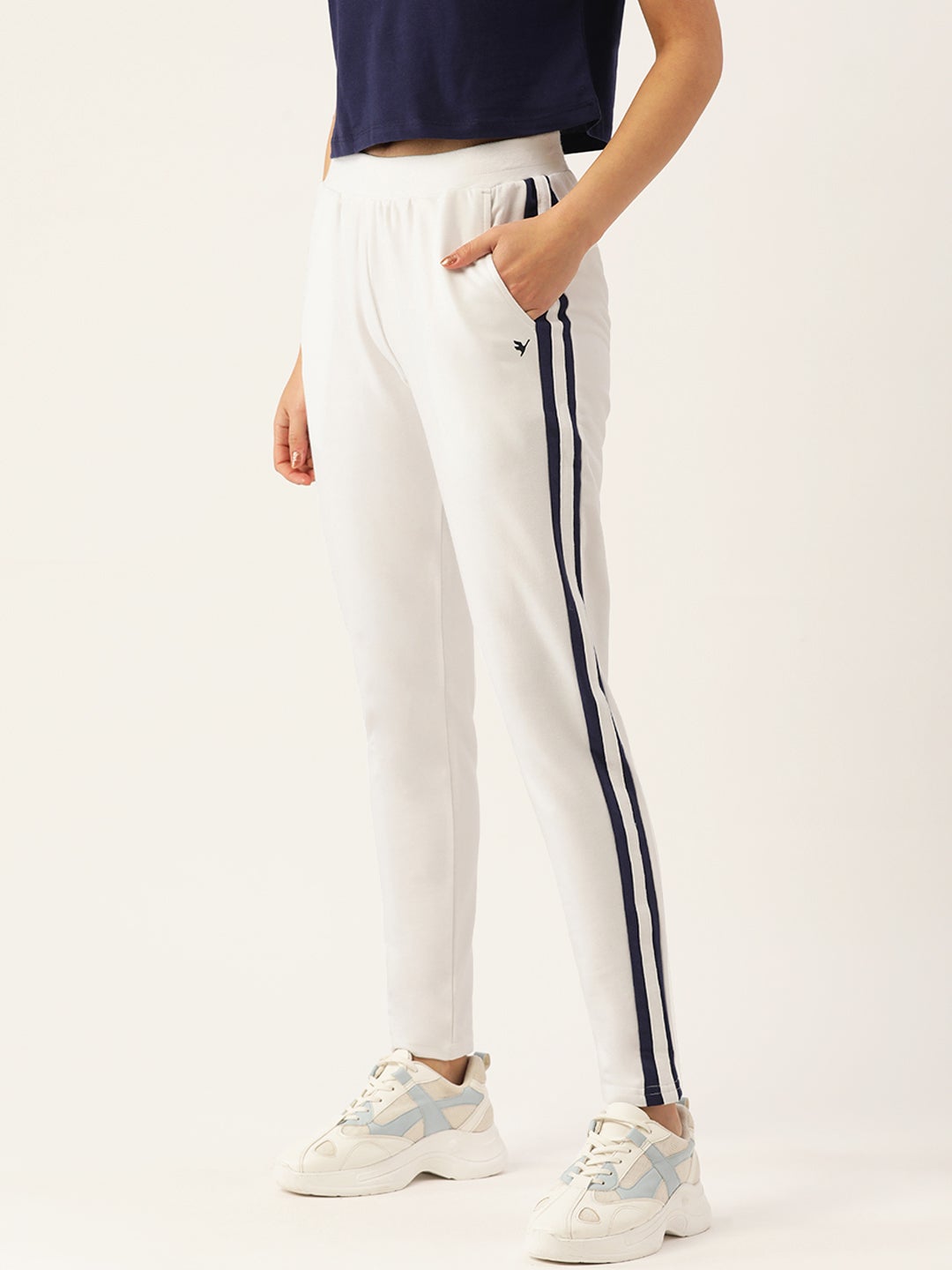 Womens White Cotton Lycra Smart Fit Solid Track Pants