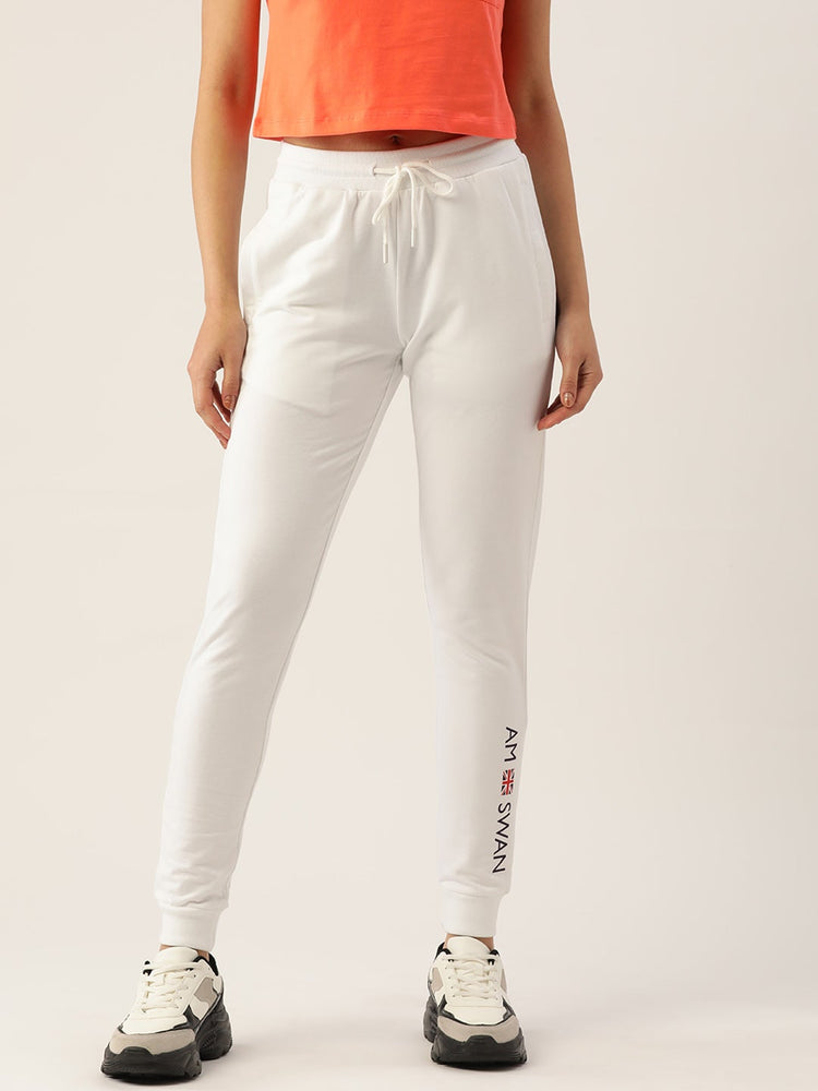 Womens Premium White Cotton Lycra Smart Fit Printed Track Pant