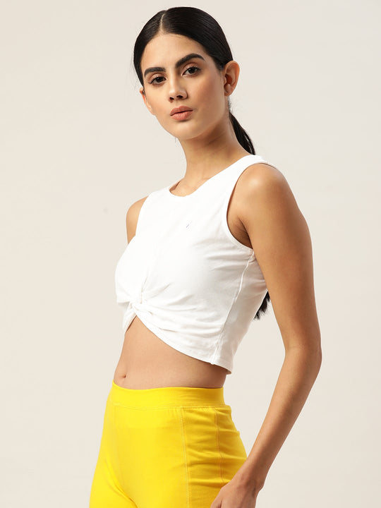 Womens Premium White Cotton Lycra Smart Fit Sleeveless Knotted Top