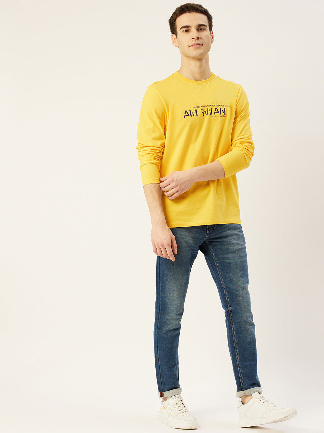 Mens Cotton Rich Lycra Graphic Full Sleeve Crew Neck T-Shirts