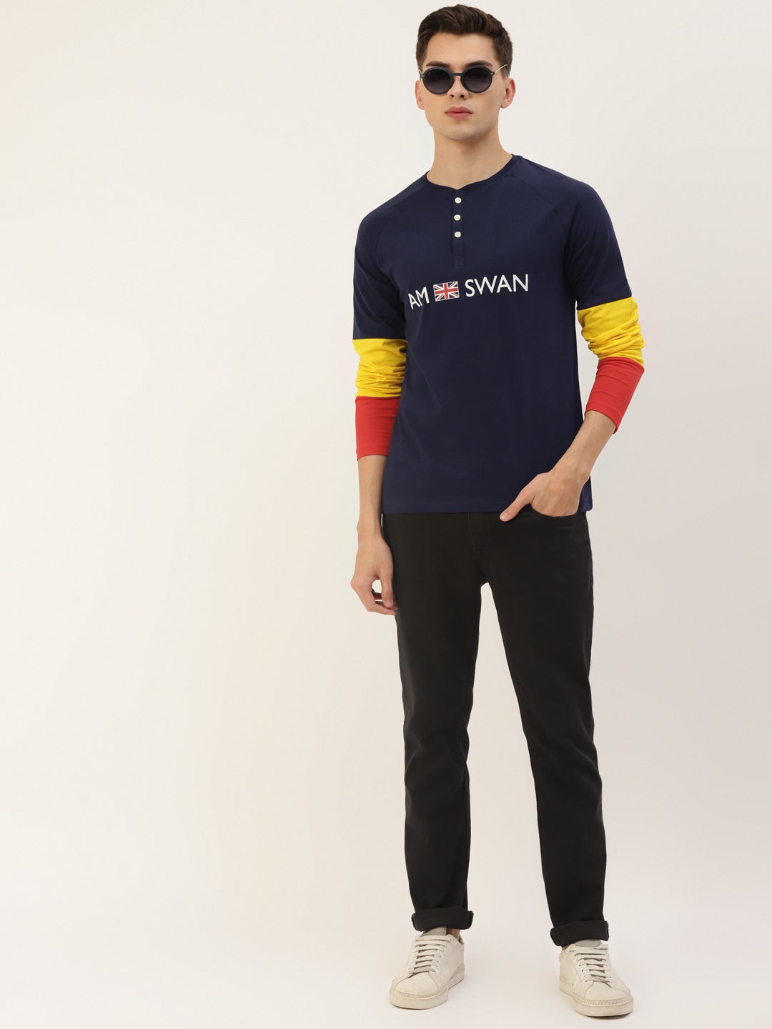 Mens Premium Cotton Lycra Colourblock Printed Full Sleeve Crew Neck T-Shirts