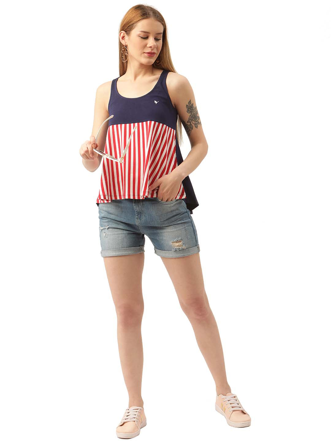 Womens Premium Cotton Lycra Smart Fit Sleeveless Straight Sptripe Top