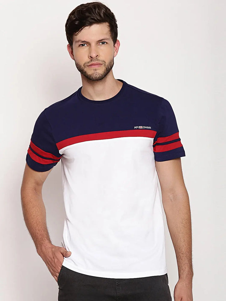 Mens Premium Cotton Lycra Colorblock Printed Half Sleeve Crew Neck T-Shirts