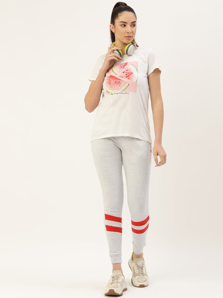 Womens Premium Grey Cotton Lycra Smart Fit Printed Track Pant